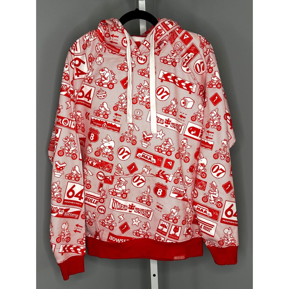 Nintendo Mario Kart All Over Print Hoodie Sweatshirt NWT Red White Mens L